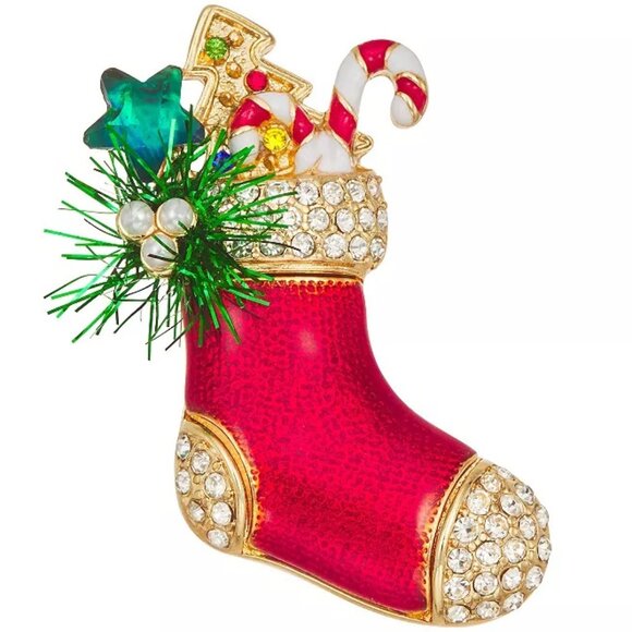 Napier Jewelry - NAPIER Holiday Christmas Stocking with Treats Gold/Enamel and Crystal Brooch Pin